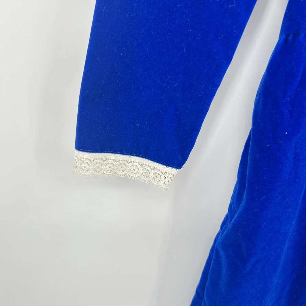 Vintage Prairie Velvet Lace Ruffle Dress Girls 10-12 Blue Cottagecore Holiday